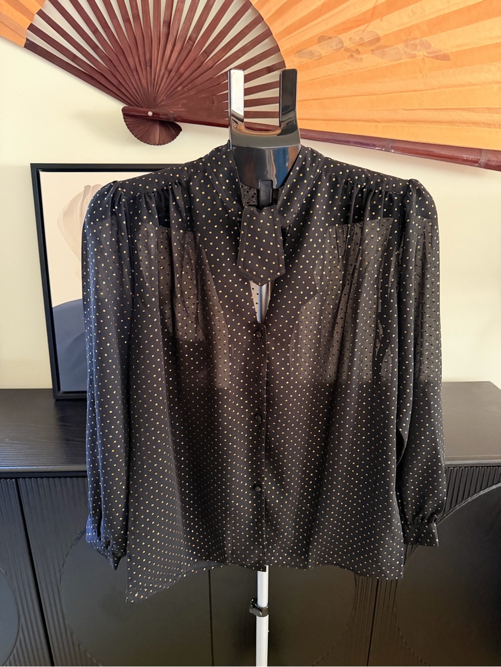 Vintage 90’s Lloyd Willams Sheer Black Blouse With Gold Glitter Dots